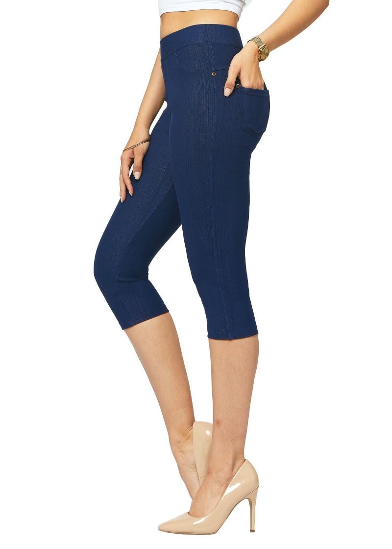 Conceited Capri Leggings - Jeggings for Women with Pockets - High Waist - Tummy Control Shaping - Regular and Plus Size - Denim Blue - Large - X-Large - Image 1